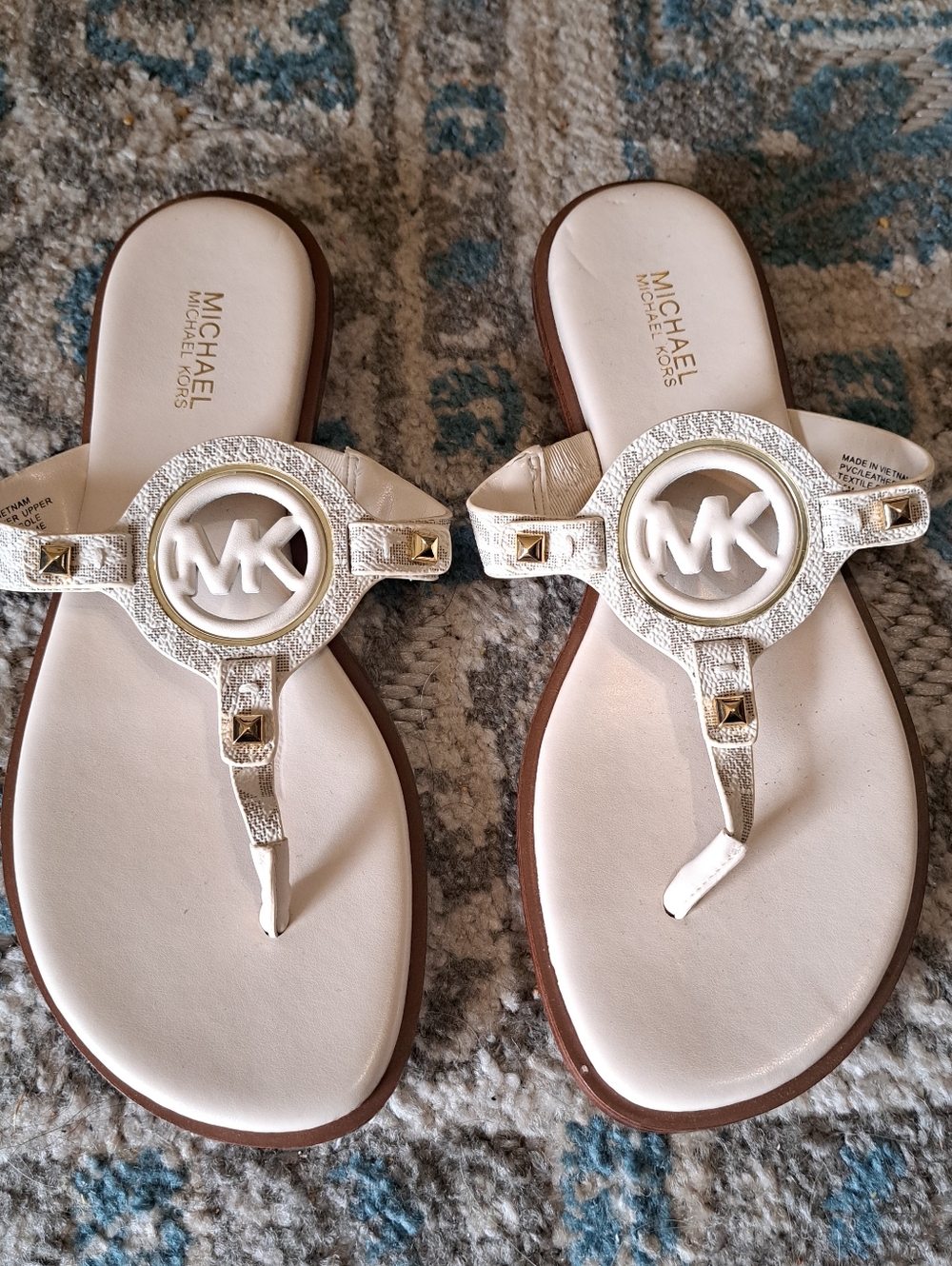 Michael Kors White and Gold MK Logo T-Strap Aubrey Sandals